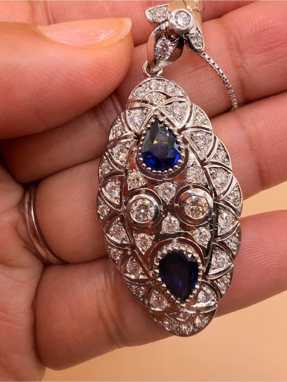 14k Art Deco Diamond & Sapphire Pendant & 18” chain.